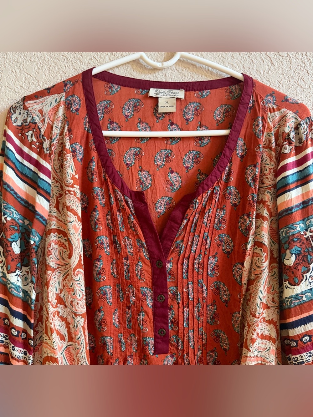 Lucky Brand Top Women XL Colorful Paisley Stripe 3/4 Sleeve Boho Granola Earthy - Picture 2 of 10